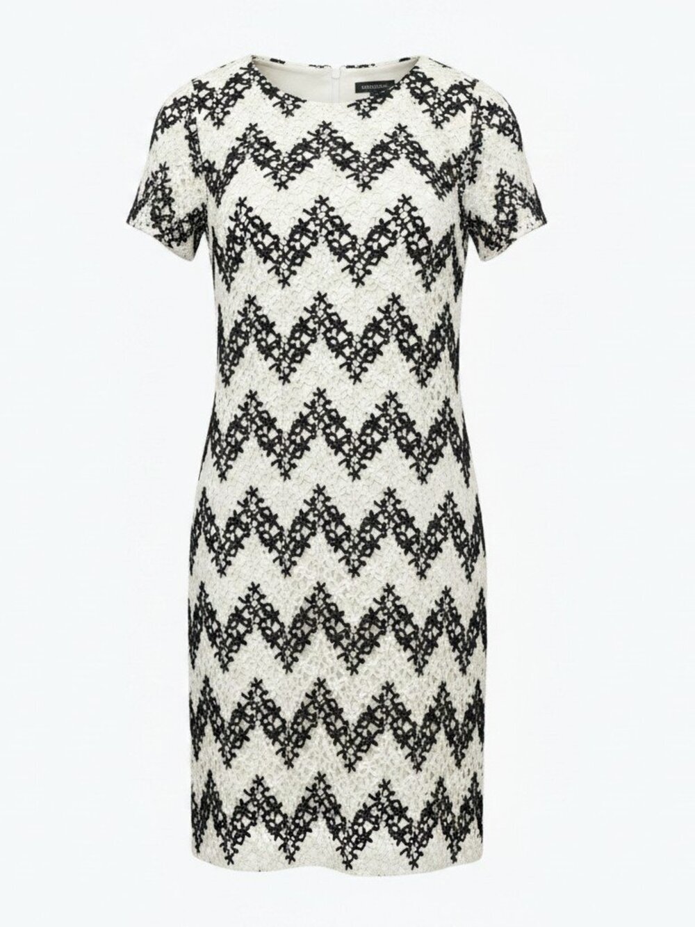 Talbots Crochet Lace Boho Short Sleeve Black Cream Chevron Sheath Dress New 12